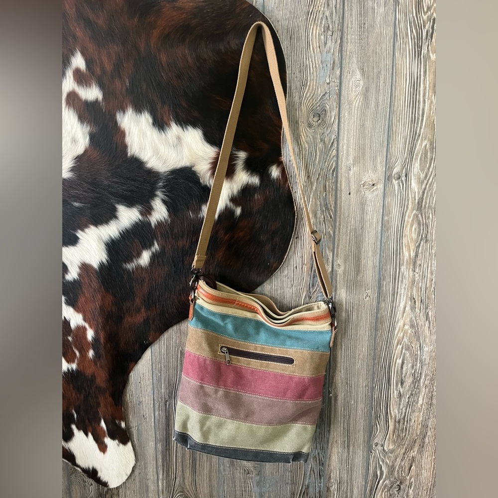 Kaukko striped canvas crossbody purse neutral colors used once EUC - Picture 5 of 11